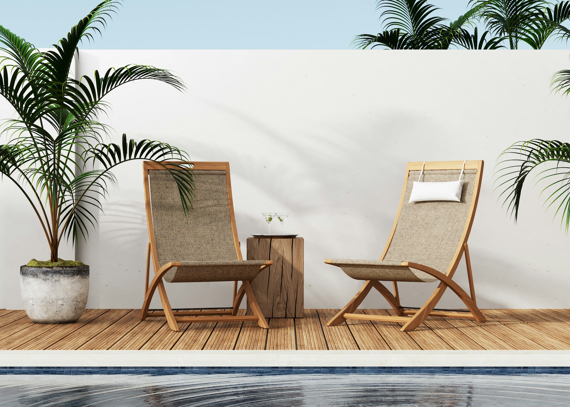 Modern garden with lawn chairs, swimming pool and wooden deck, 3d rendering